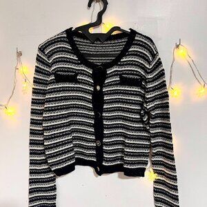 Black White Striped Knit Cardigan Sweater